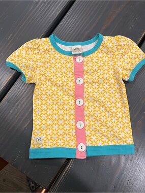 Wildflowers Yellow Floral Button-Front Top with Pink Placket and Teal Trim